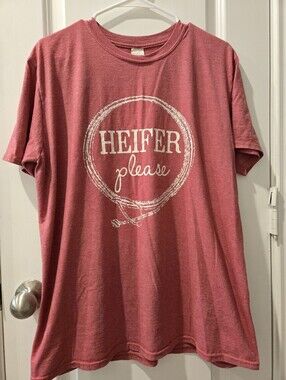 Woman's Guildan Heather Pink "Heifer Please" Tshirt. Size Large.